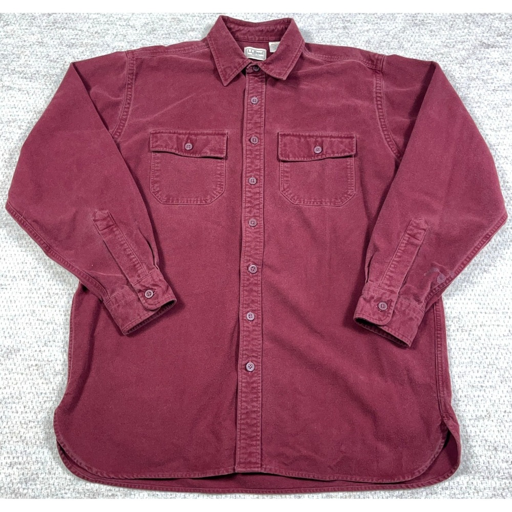 Vintage LL Bean Shirt Men‎ Large Tall Maroon Button Up Chamois Thick Heavy Cloth